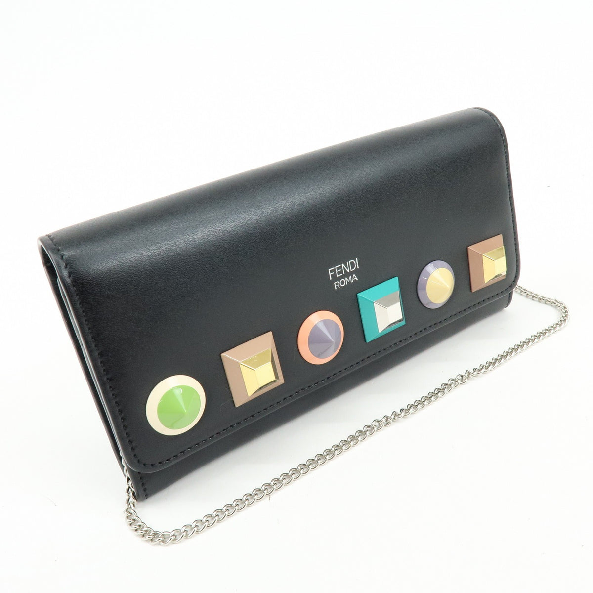 Fendi Continental Wallet On Chain Studded Leather Black Leather Crossbody Bag Bag (Pre-Owned)