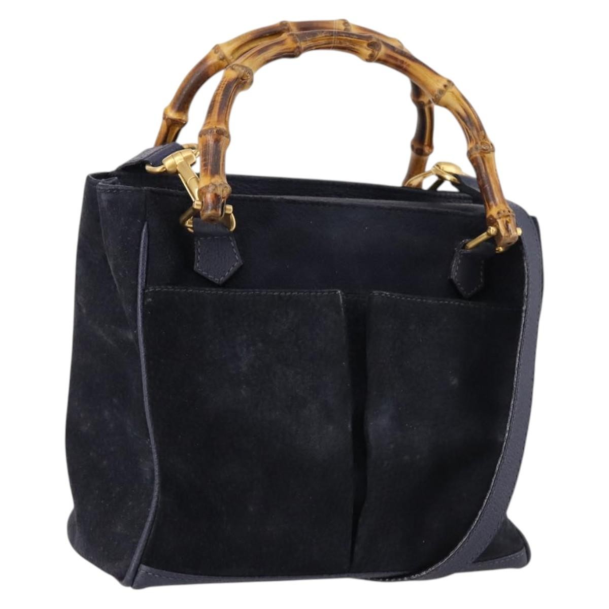 Gucci Vintage Bamboo Handle Suede Navy Suede Handbag (Pre-Owned)