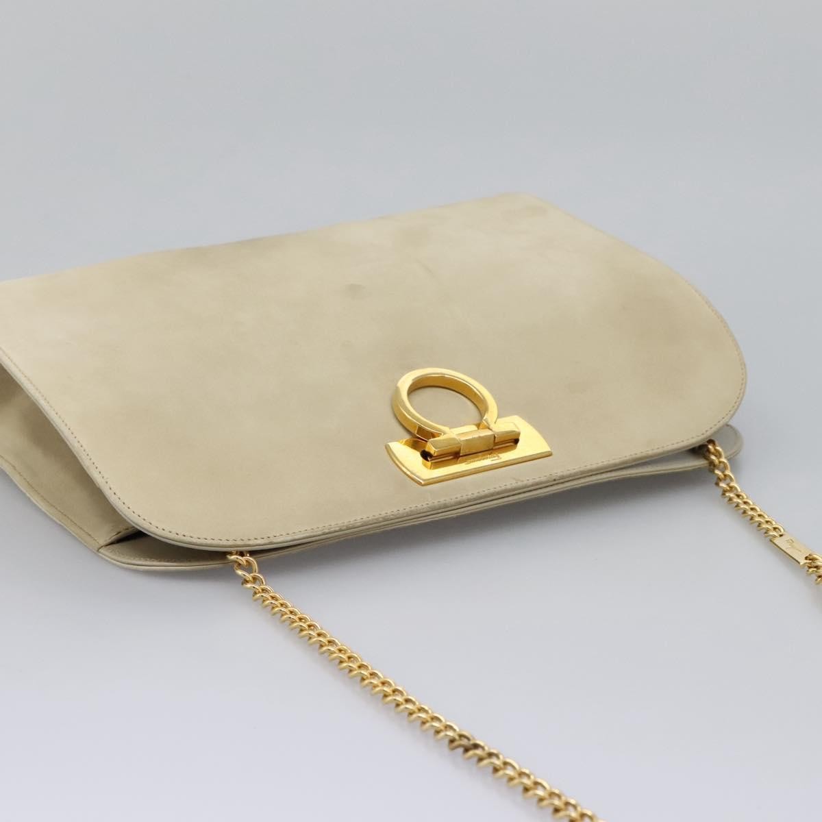 Salvatore Ferragamo Chain Gancini Jacquard With Studded Leather Beige Suede Shoulder Bag Bag (Pre-Owned)
