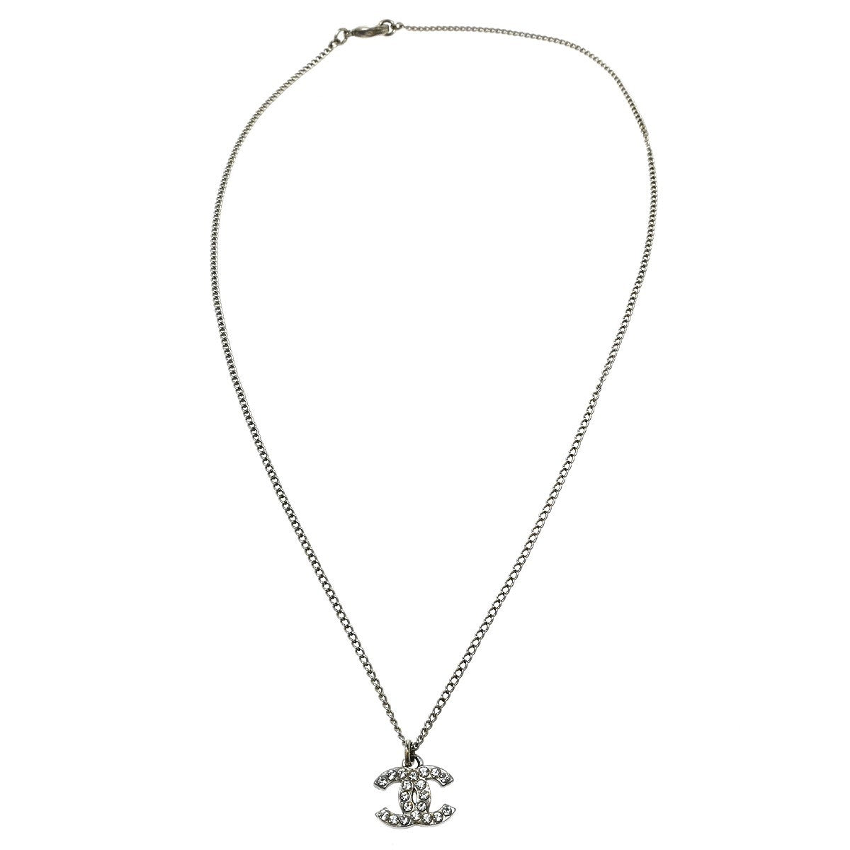 Chanel Vintage Cc Pendant Metal With Crystals Silver Silver_Plated Necklace Jewelry (Pre-Owned)