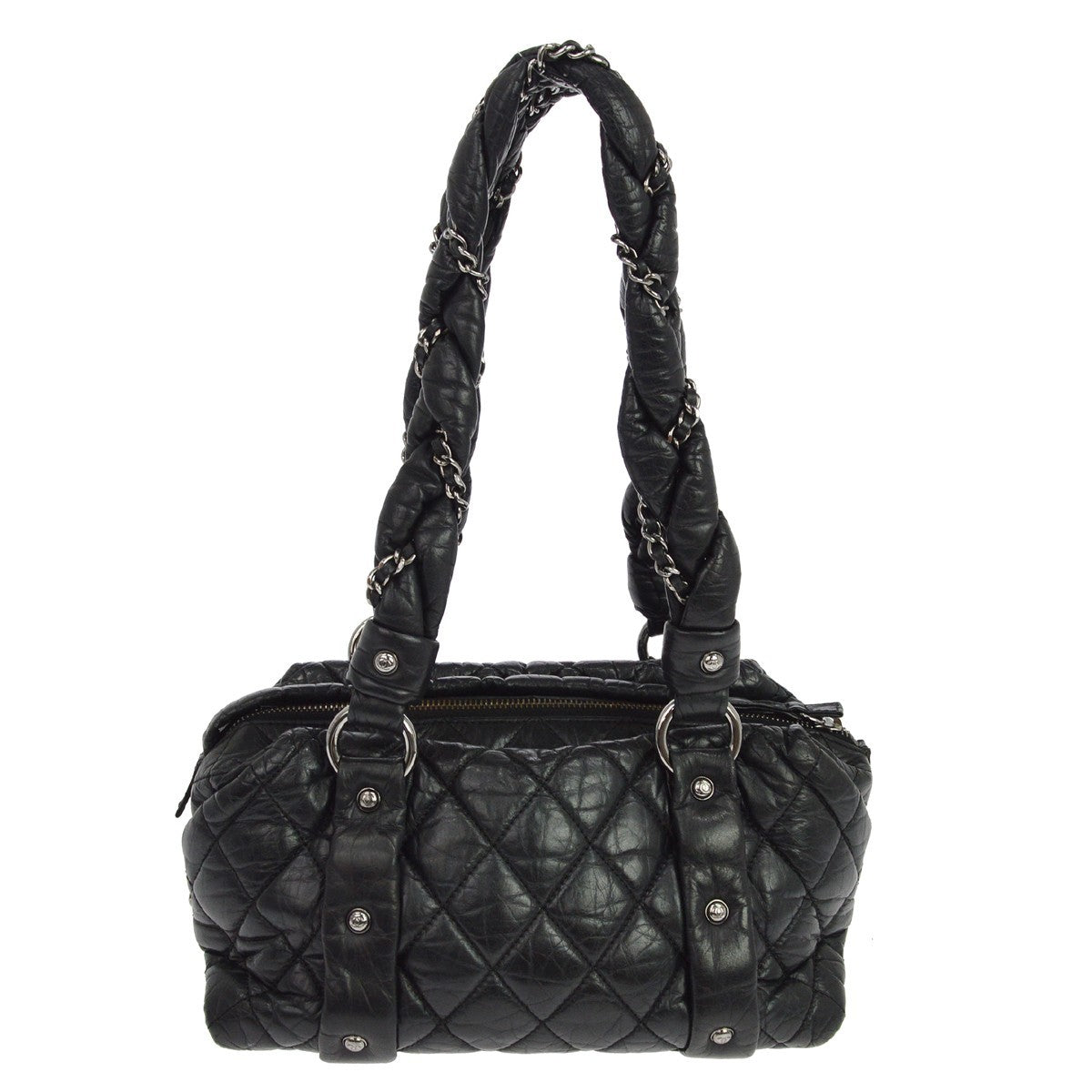 Chanel Lady Braid Bowler Quilted Distressed Calfskin Black Leather Handbag (Pre-Owned)