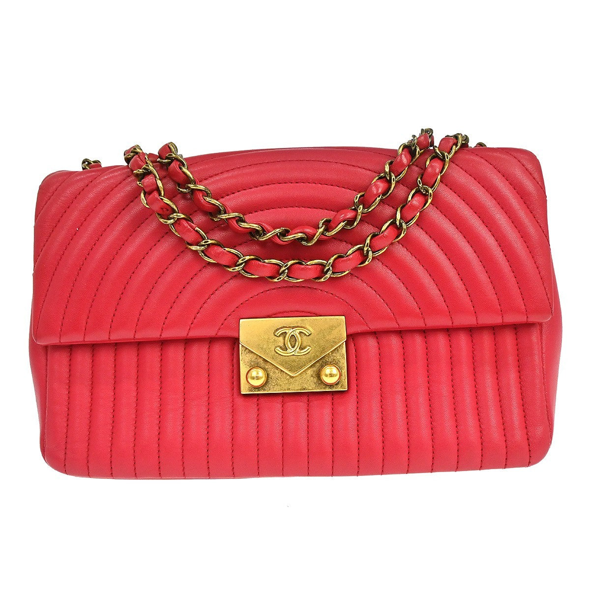 Chanel Surpique Chevron Cc Flap Quilted Lambskin Red Leather Shoulder Bag Bag (Pre-Owned)