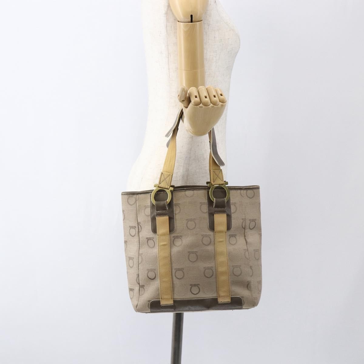 Salvatore Ferragamo Gancini Canvas Beige Canvas Handbag (Pre-Owned)