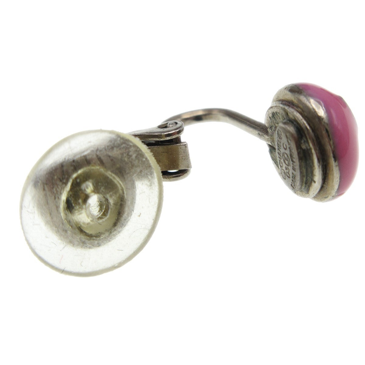 Chanel Cc Round Clip-On Enamel With Metal Pink Plastic Earrings Jewelry (Pre-Owned)