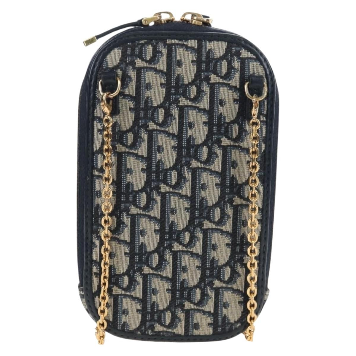 Christian Dior 30 Montaigne Phone Holder On Chain Oblique Canvas Navy Canvas Crossbody Bag Bag (Pre-Owned)