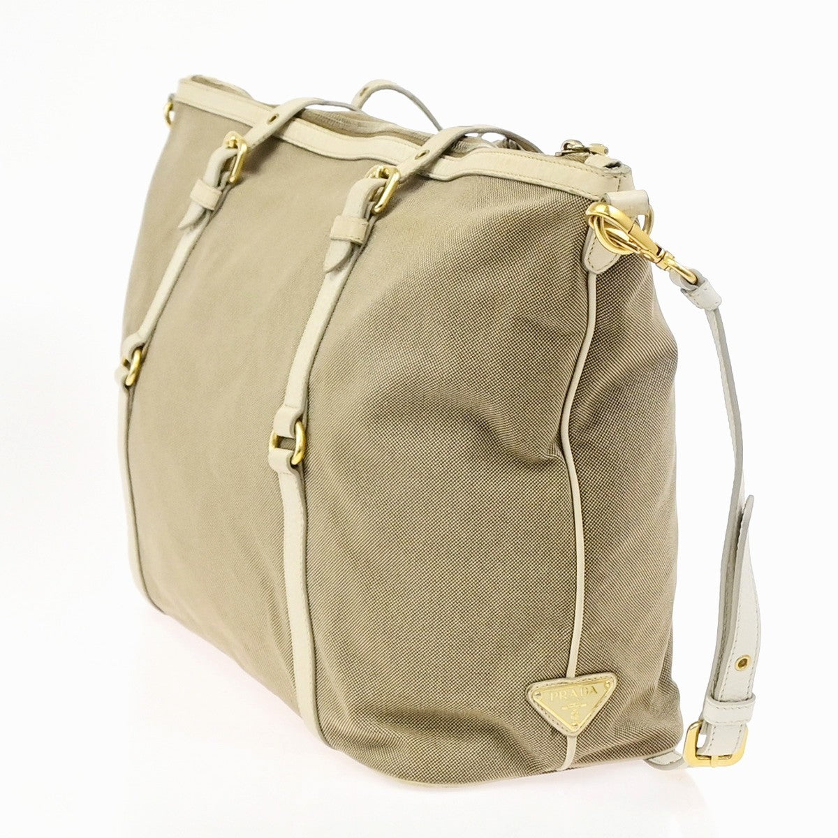 Prada Logo Convertible Canvas With Leather Brown Canvas Tote Bag Bag (Pre-Owned)