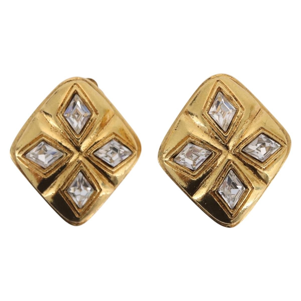Chanel Vintage Diamond Clip-On Metal With Crystals Gold Metal Earrings Jewelry (Pre-Owned)