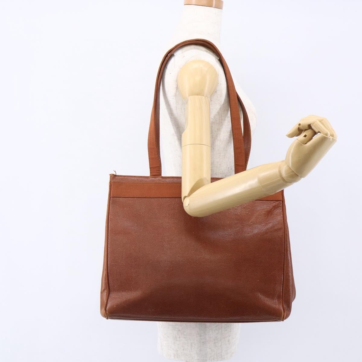 Salvatore Ferragamo Vintage Vara Bow Tote Lizard Embossed Leather Brown Leather Tote Bag Bag (Pre-Owned)