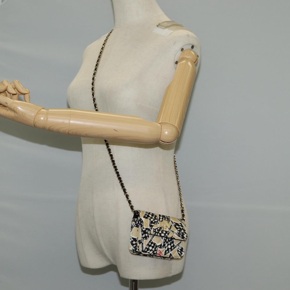 Chanel Flap Card Holder On Chain Quilted Printed Canvas Beige Nylon Shoulder Bag Bag (Pre-Owned)