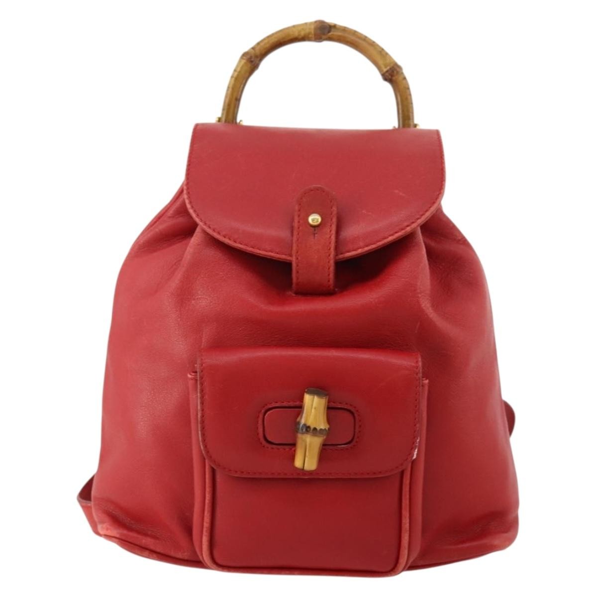 Gucci Vintage Bamboo Leather Red Leather Backpack Bag (Pre-Owned)