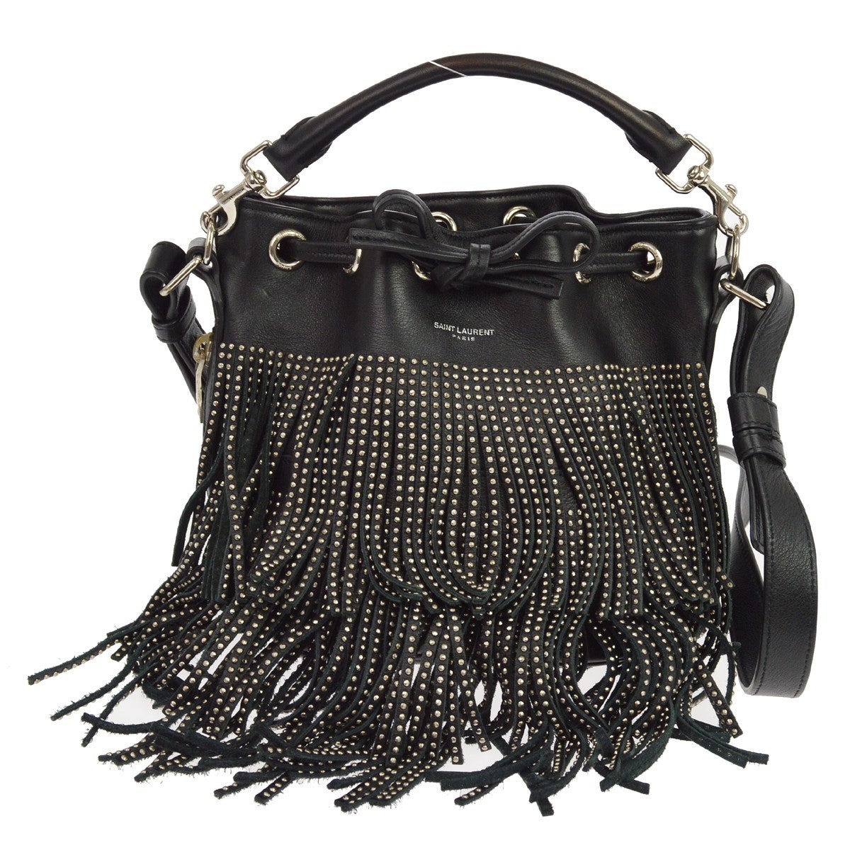 Saint Laurent Fringe Emmanuelle Bucket Studded Leather Black Leather Handbag (Pre-Owned)
