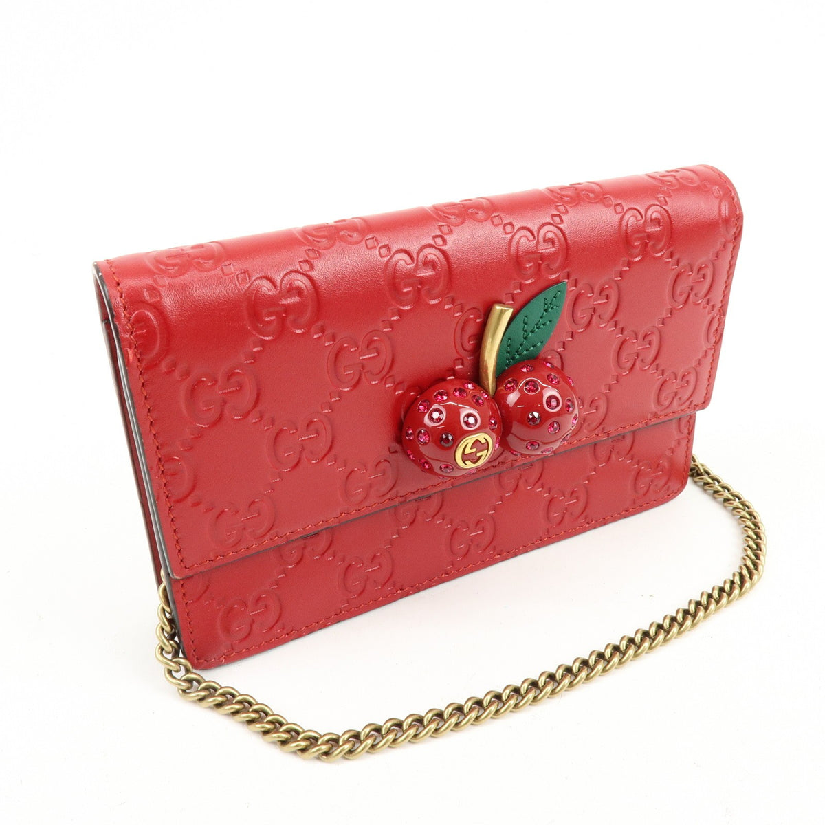 Gucci Cherries Wallet On Chain Guccissima Leather Red Leather Crossbody Bag Bag (Pre-Owned)