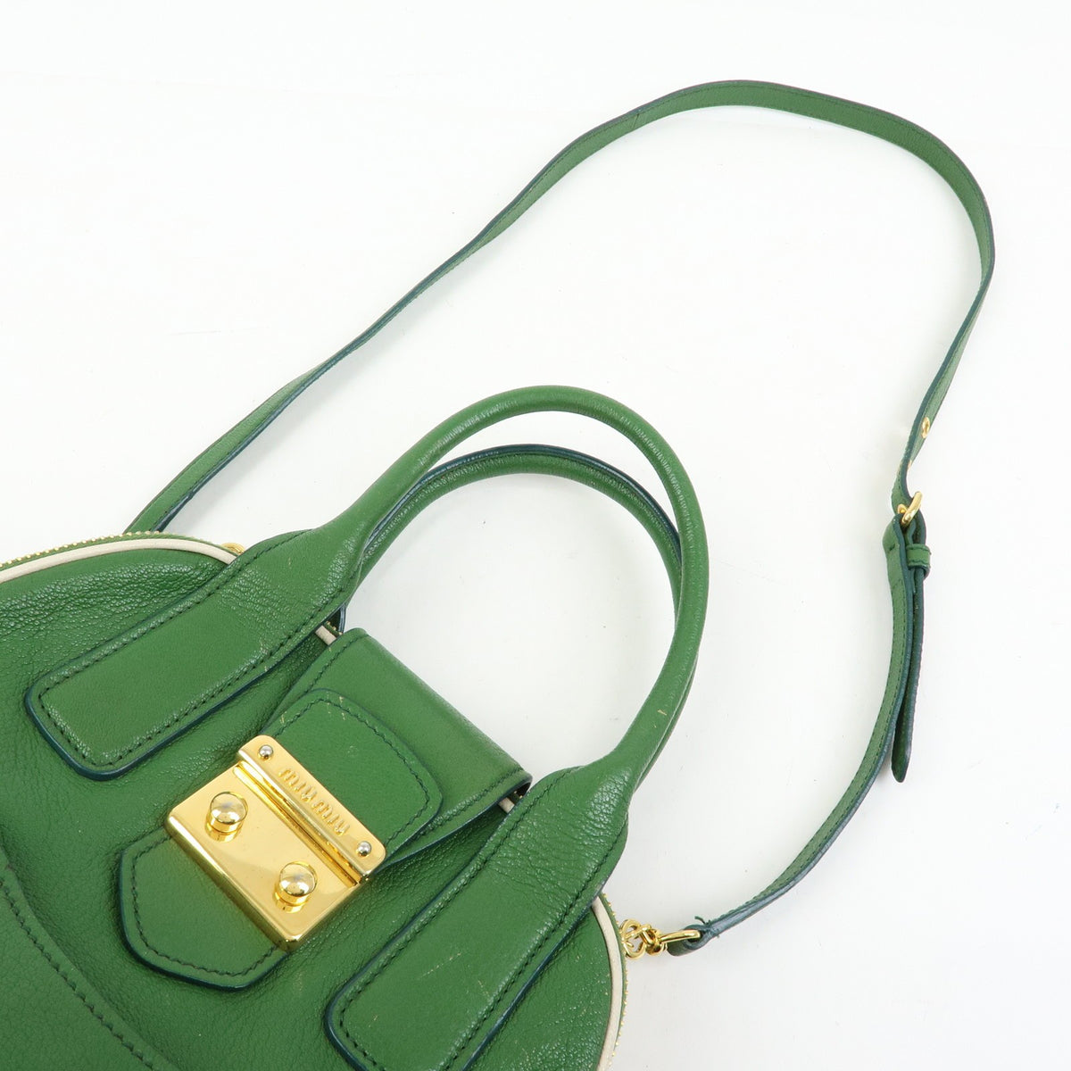 Miu Miu Madras Top Handle Leather Green Leather Handbag (Pre-Owned)