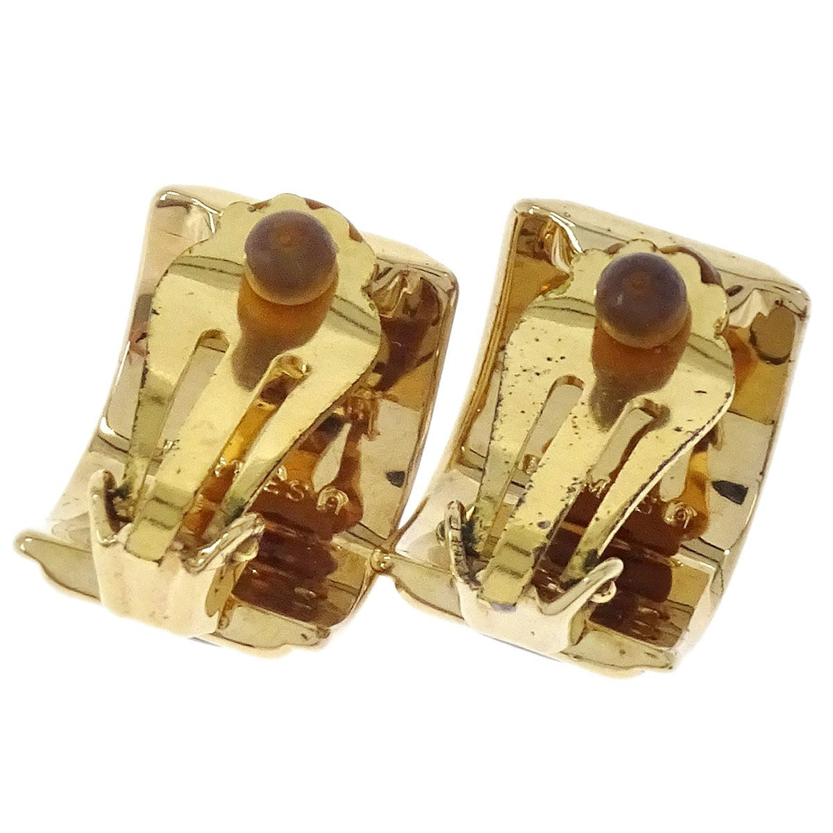 Hermes Vintage Half Hoop Clip-On Printed Enamel And Metal Gold Gold_Plated Earrings Jewelry (Pre-Owned)