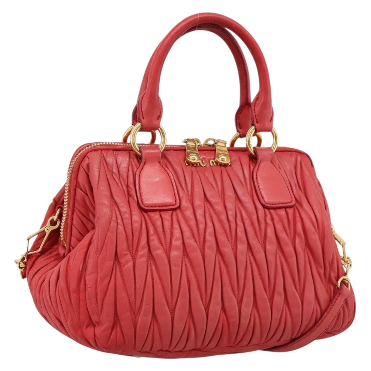 Miu Miu Madras Bowler Matelasse Leather Red Leather Handbag (Pre-Owned)