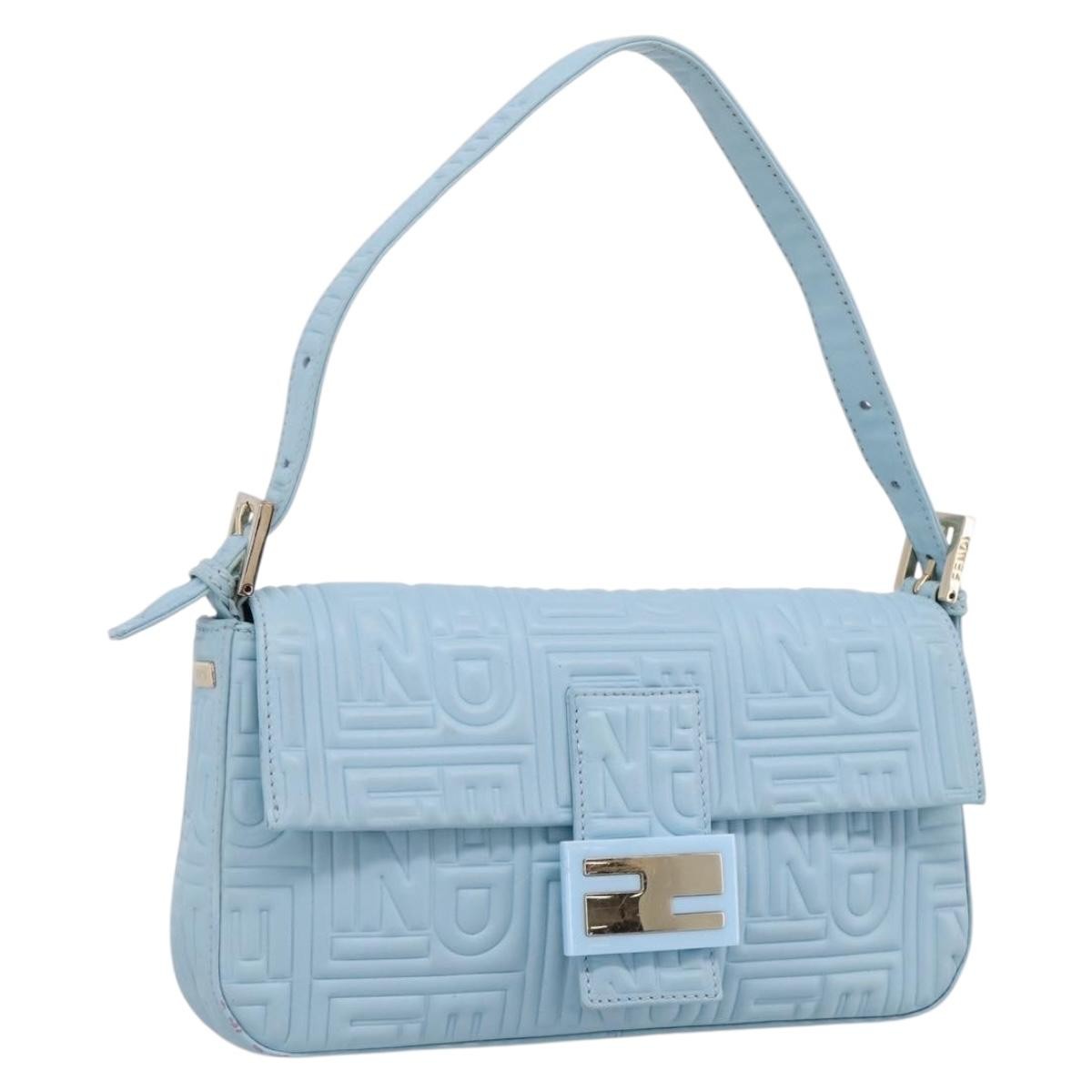Fendi Mamma Baguette Zucchino Canvas Blue Leather Shoulder Bag Bag (Pre-Owned)