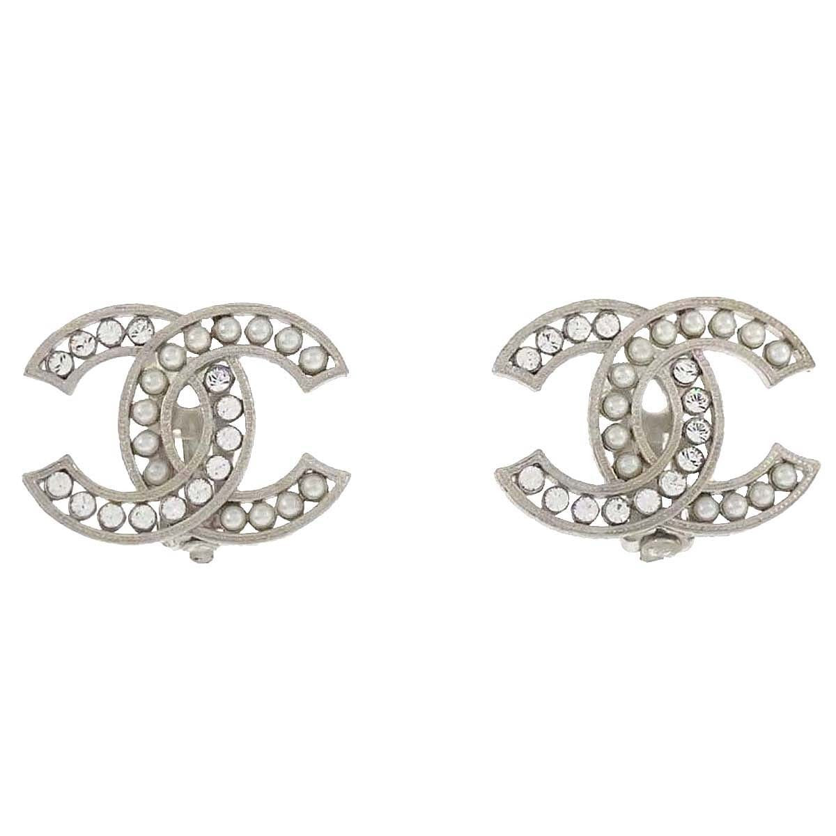 Chanel Cc Clip-On Metal With Crystals And Faux Pearls Silver Silver_Plated Earrings Jewelry (Pre-Owned)