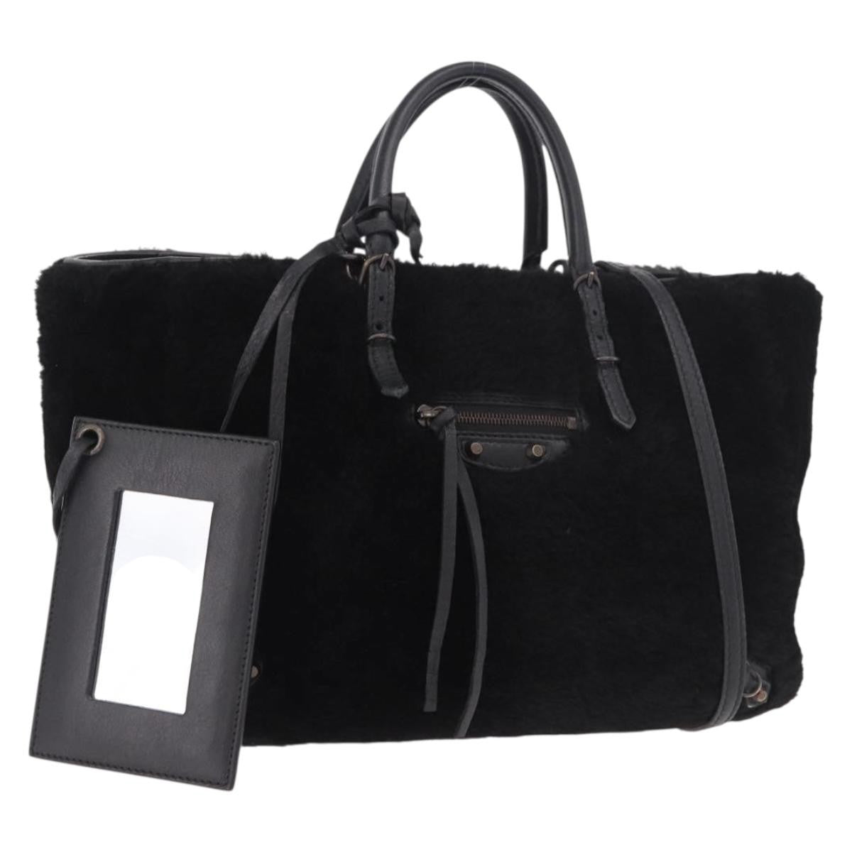 Balenciaga Papier A4 Classic Studs Shearling Black Fur Handbag (Pre-Owned)