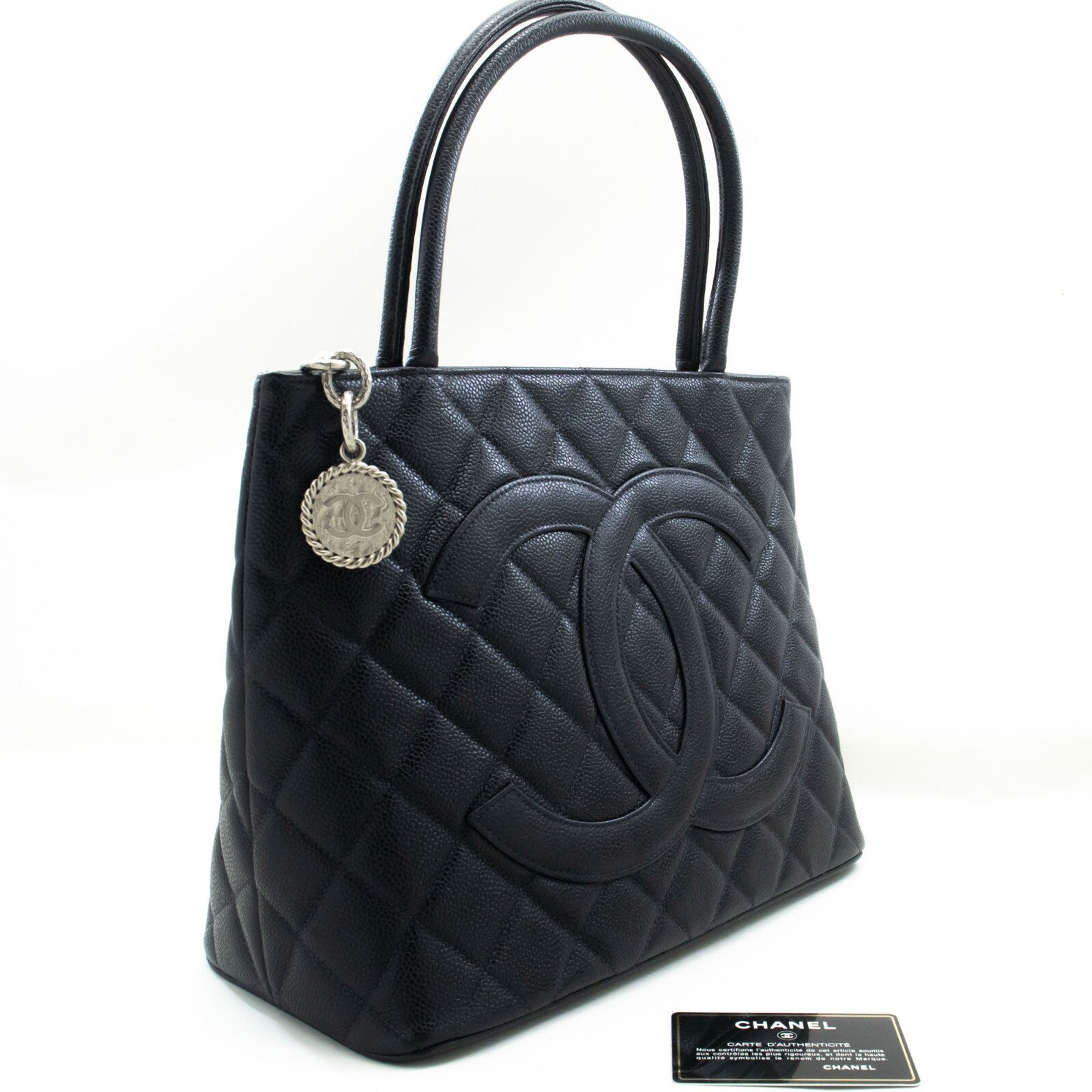 Chanel Medallion Tote Quilted Caviar Black Leather Tote Bag Bag (Pre-Owned)