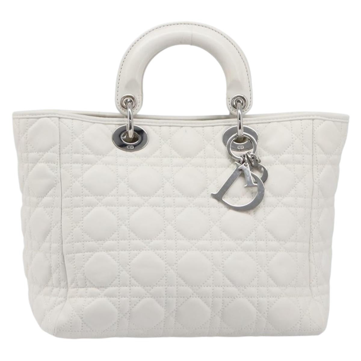 Christian Dior Lady Dior Cannage Quilt Lambskin White Leather Handbag (Pre-Owned)