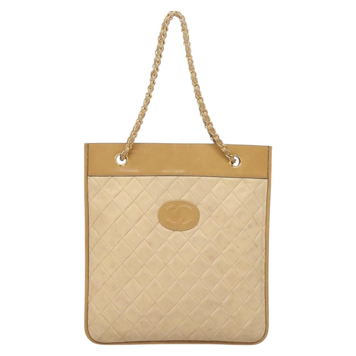 Chanel Chain Handle Leather Beige Leather Tote Bag Bag (Pre-Owned)
