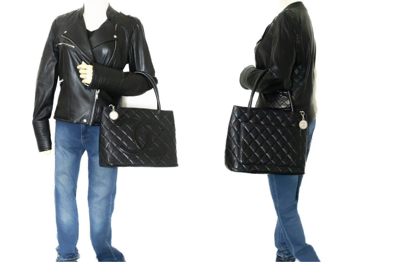 Chanel Medallion Tote Quilted Caviar Black Leather Tote Bag Bag (Pre-Owned)