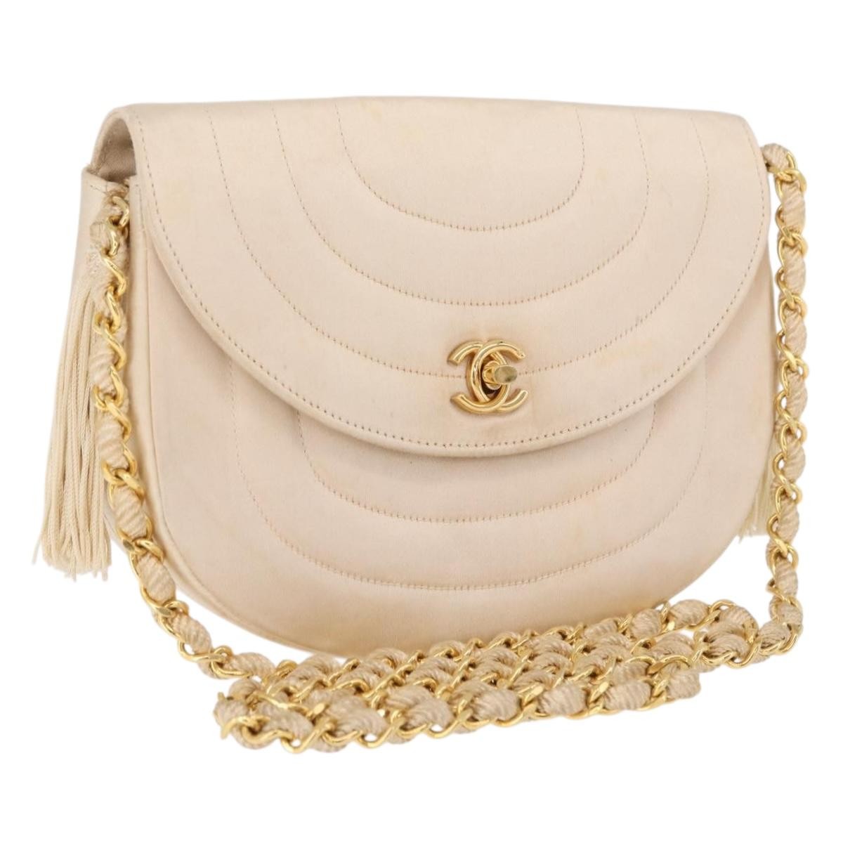 Chanel Vintage Round Flap Satin Beige Satin Shoulder Bag Bag (Pre-Owned)