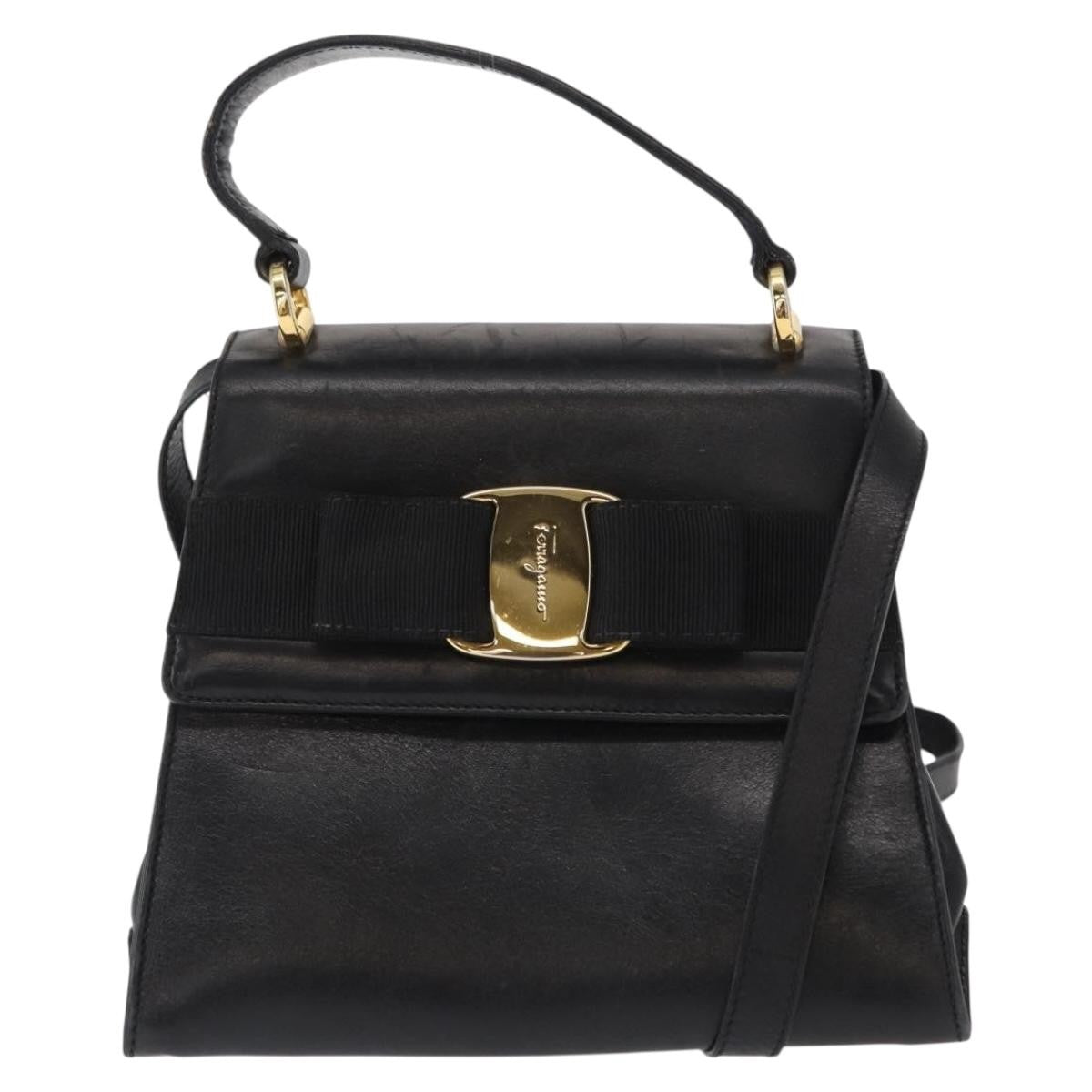 Salvatore Ferragamo Vintage Vara Bow Top Handle Leather Black Leather Handbag (Pre-Owned)
