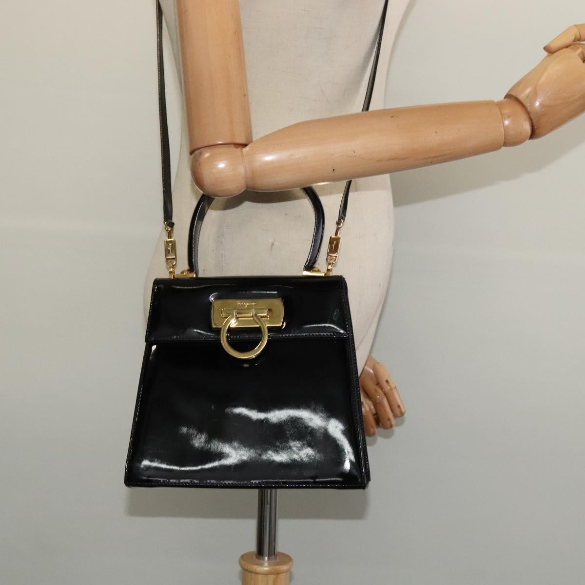 Salvatore Ferragamo Gancini Convertible Top Handle Patent Leather Black Patent_Leather Handbag (Pre-Owned)