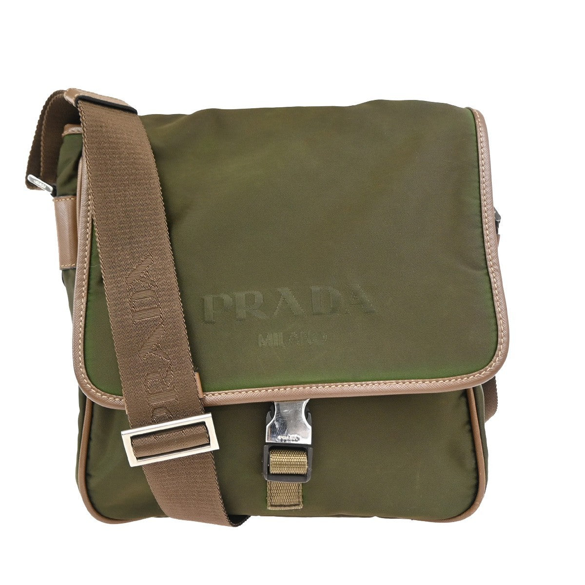 Prada Logo Buckle Messenger Nylon Khaki Nylon Handbag (Pre-Owned)