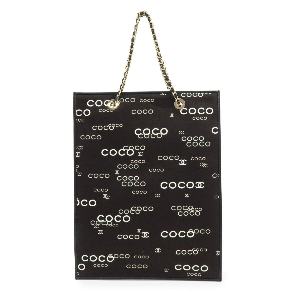 Chanel Vintage Coco Chain Shopping Printed Canvas Black Canvas Tote Bag Bag (Pre-Owned)