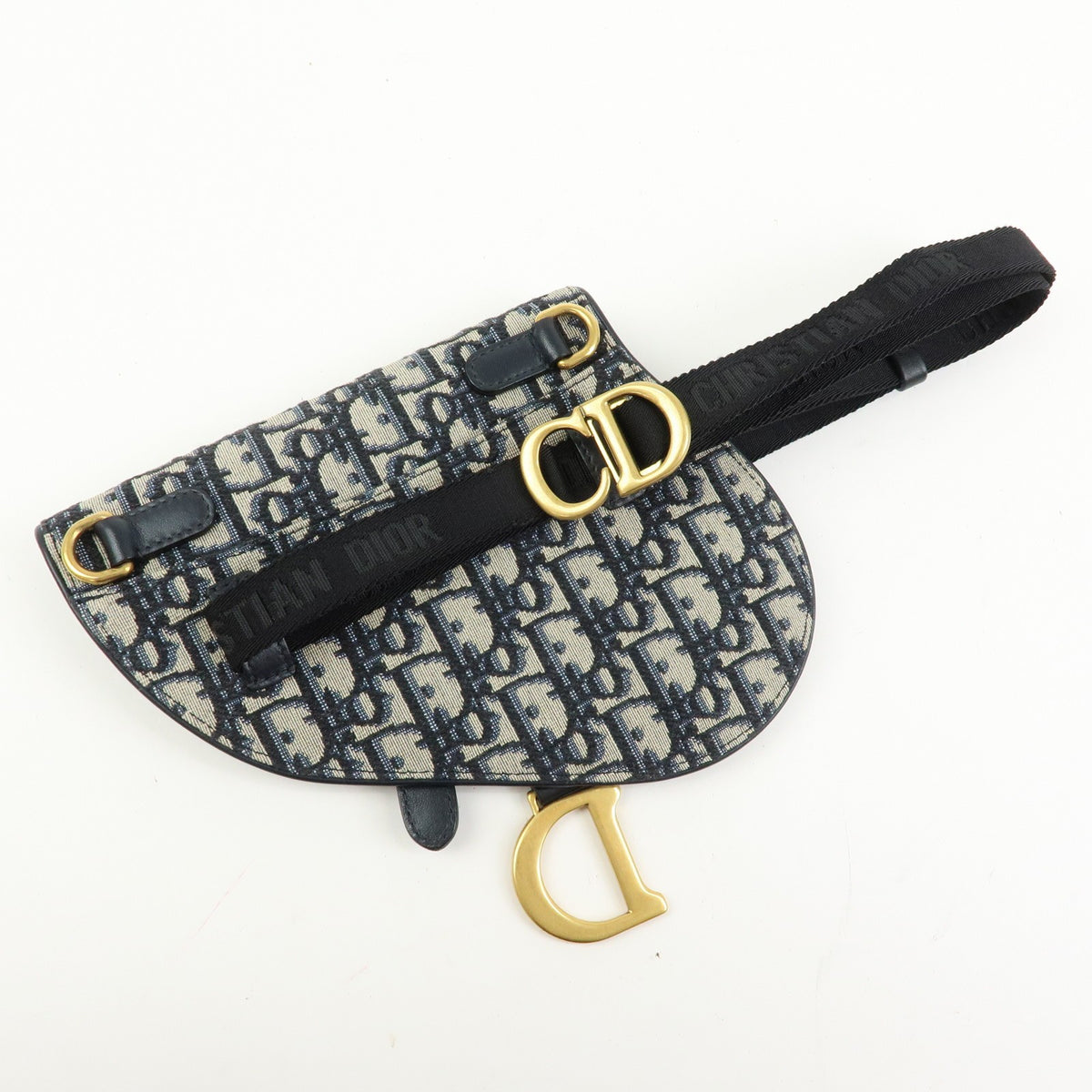 Christian Dior Saddle Belt Oblique Canvas Navy Canvas Handbag (Pre-Owned)
