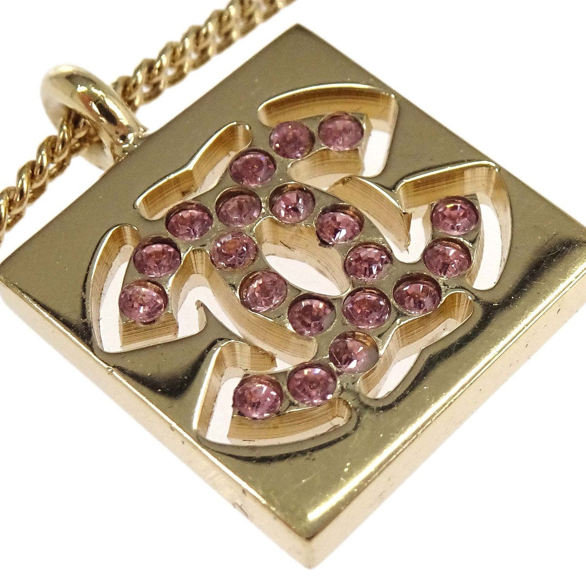 Chanel Cc Square Pendant Metal With Crystals Gold Gold_Plated Necklace Jewelry (Pre-Owned)
