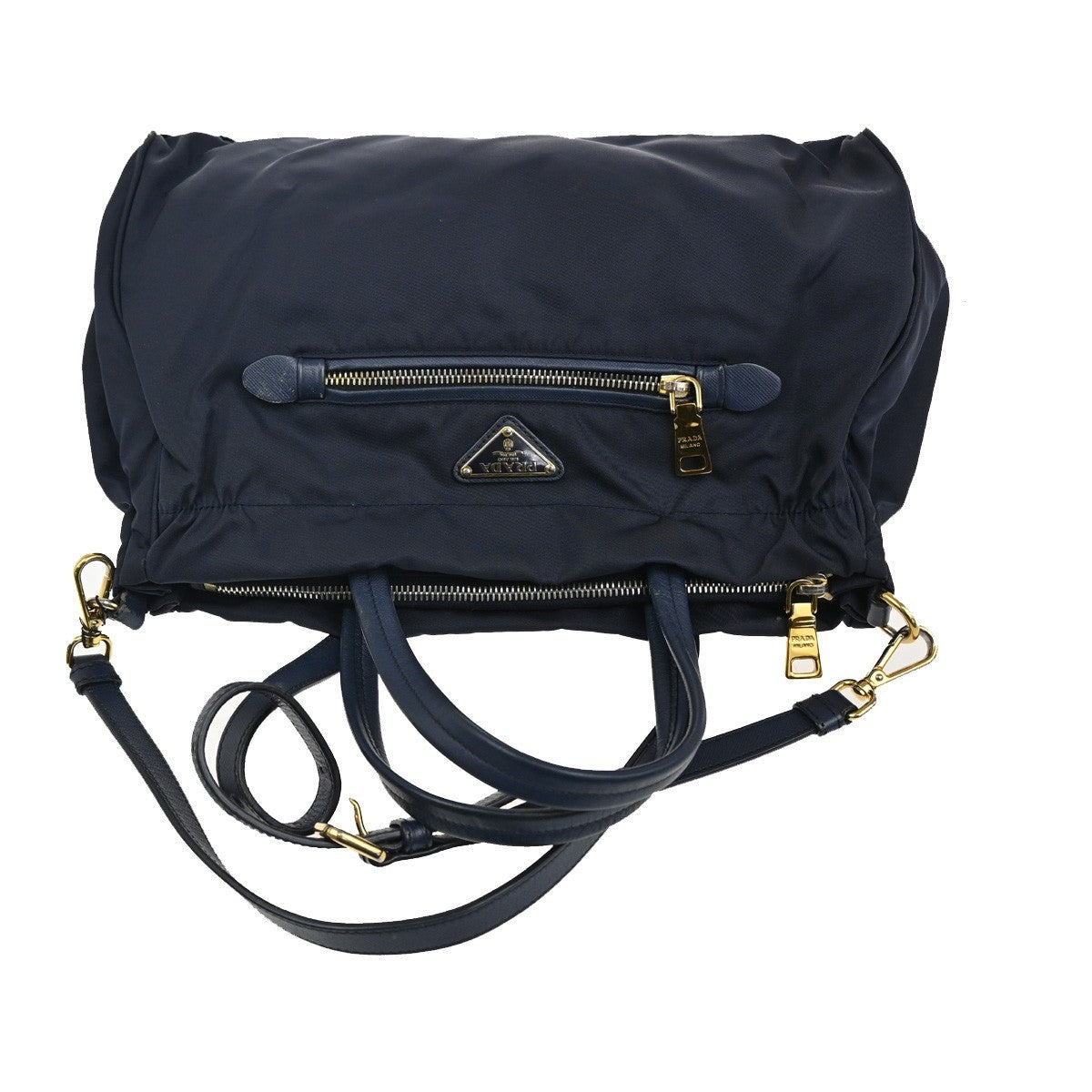 Prada Zip Convertible Shopping Tote Tessuto With Saffiano Leather Navy Nylon Handbag (Pre-Owned)