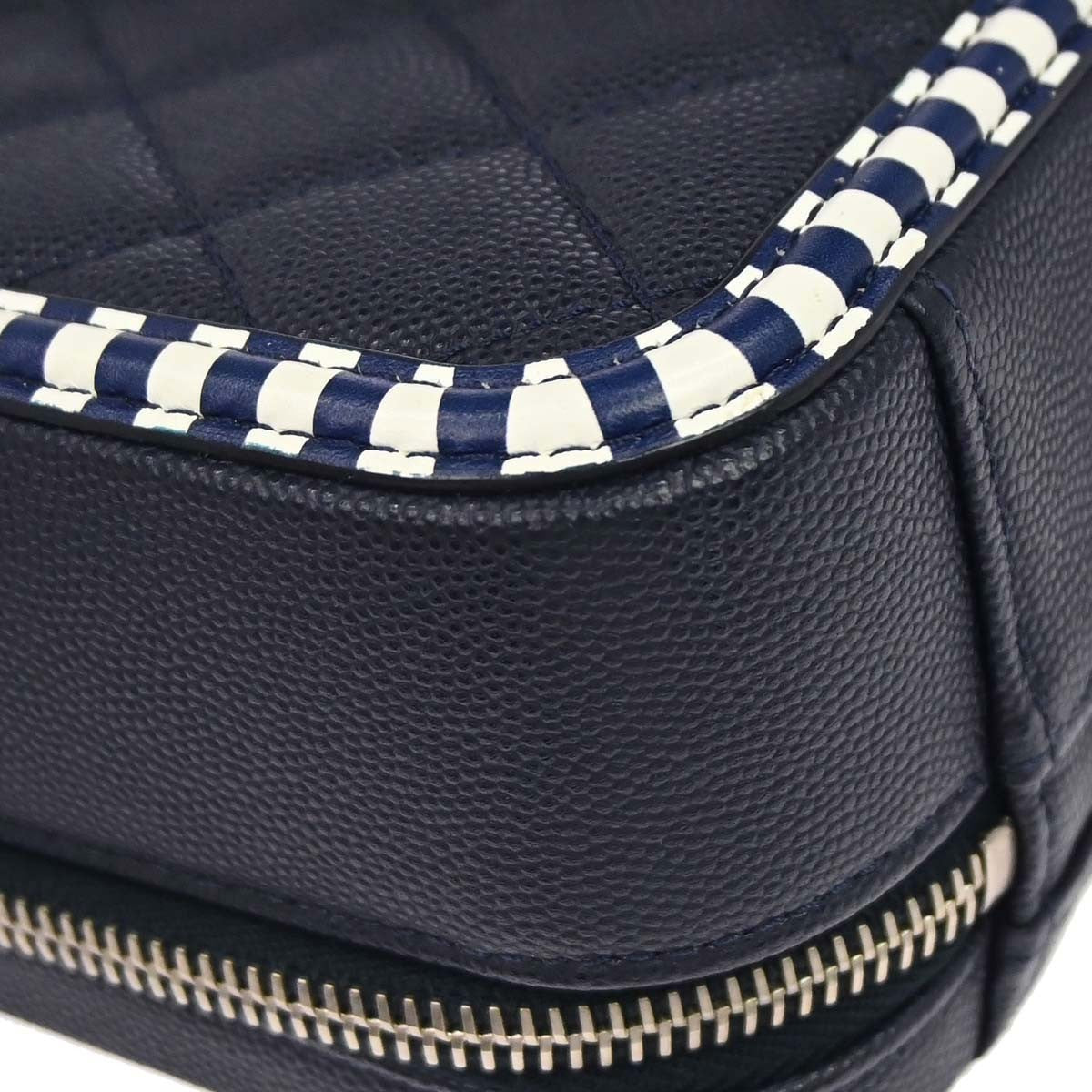 Chanel Filigree Vanity Case Quilted Caviar With Striped Leather Navy Leather Clutche & Pouche Bag (Pre-Owned)