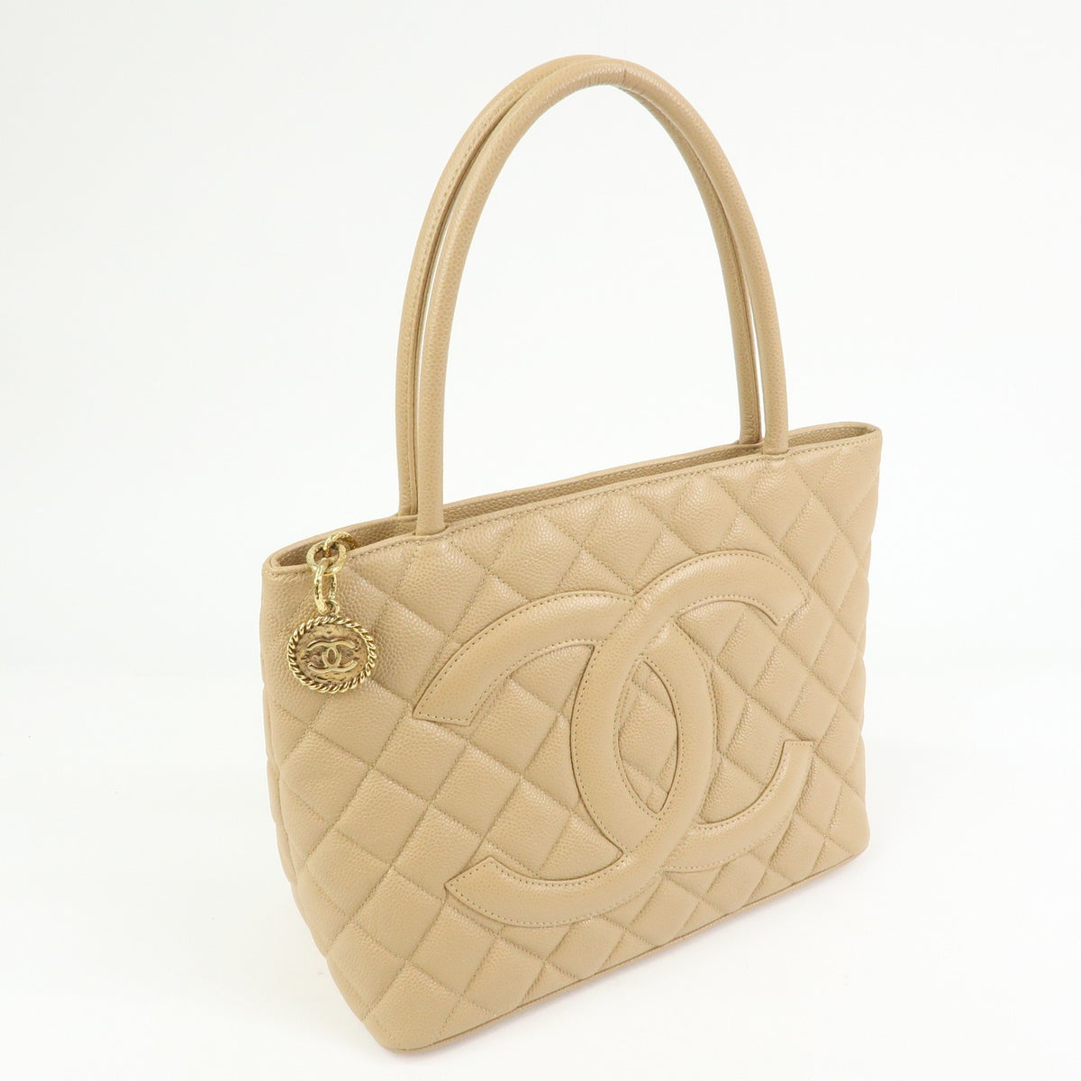Chanel Medallion Quilted Lambskin Beige Calfskin Tote Bag Bag (Pre-Owned)