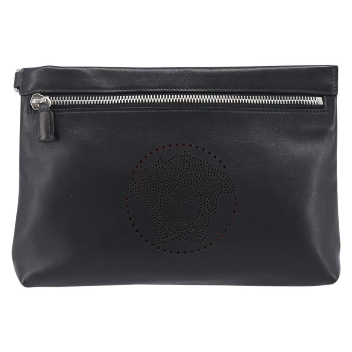Versace Logo Medusa Wristlet Leather Black Leather Clutche & Pouche Bag (Pre-Owned)