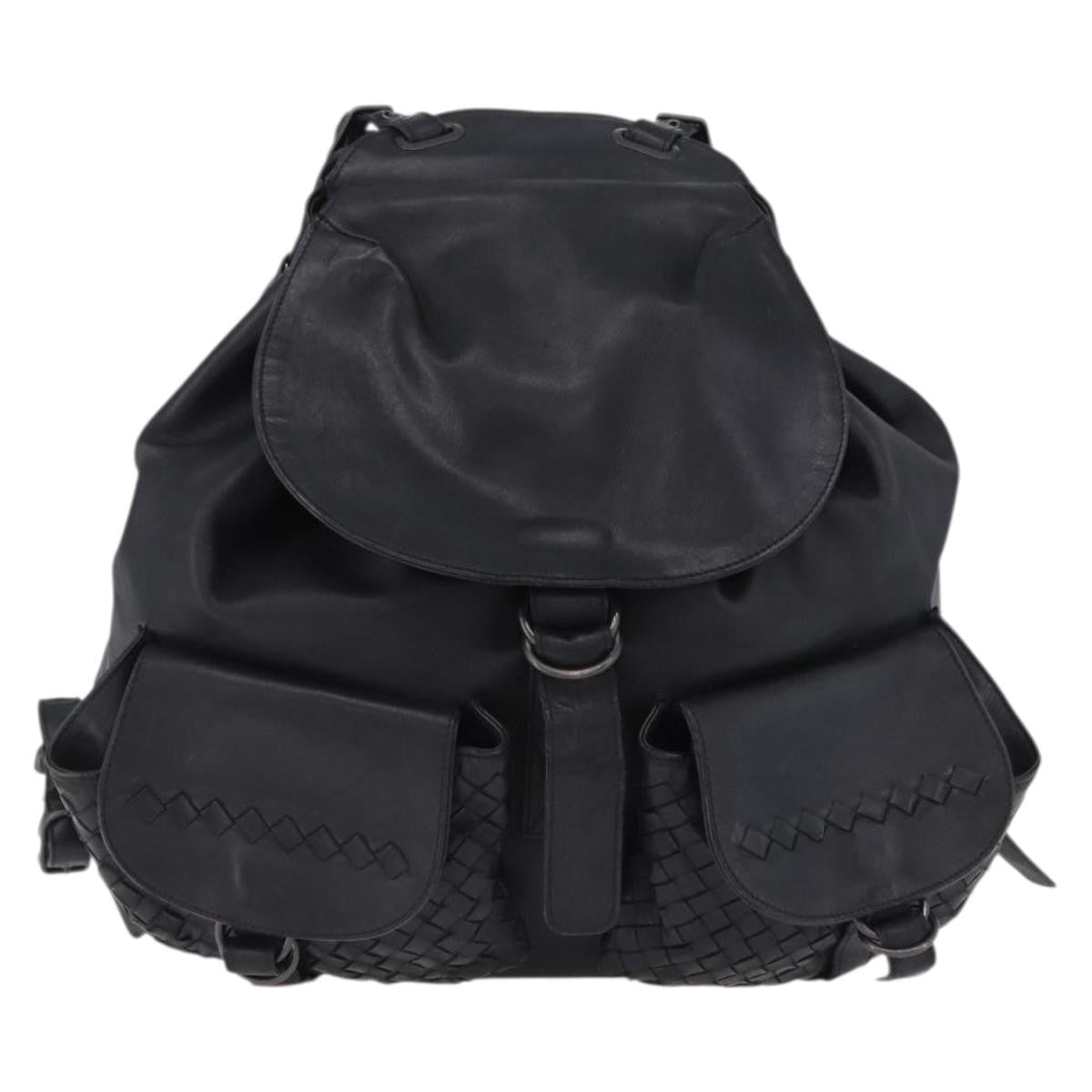 Bottega Veneta Intrecciato Leather Black Leather Backpack Bag (Pre-Owned)