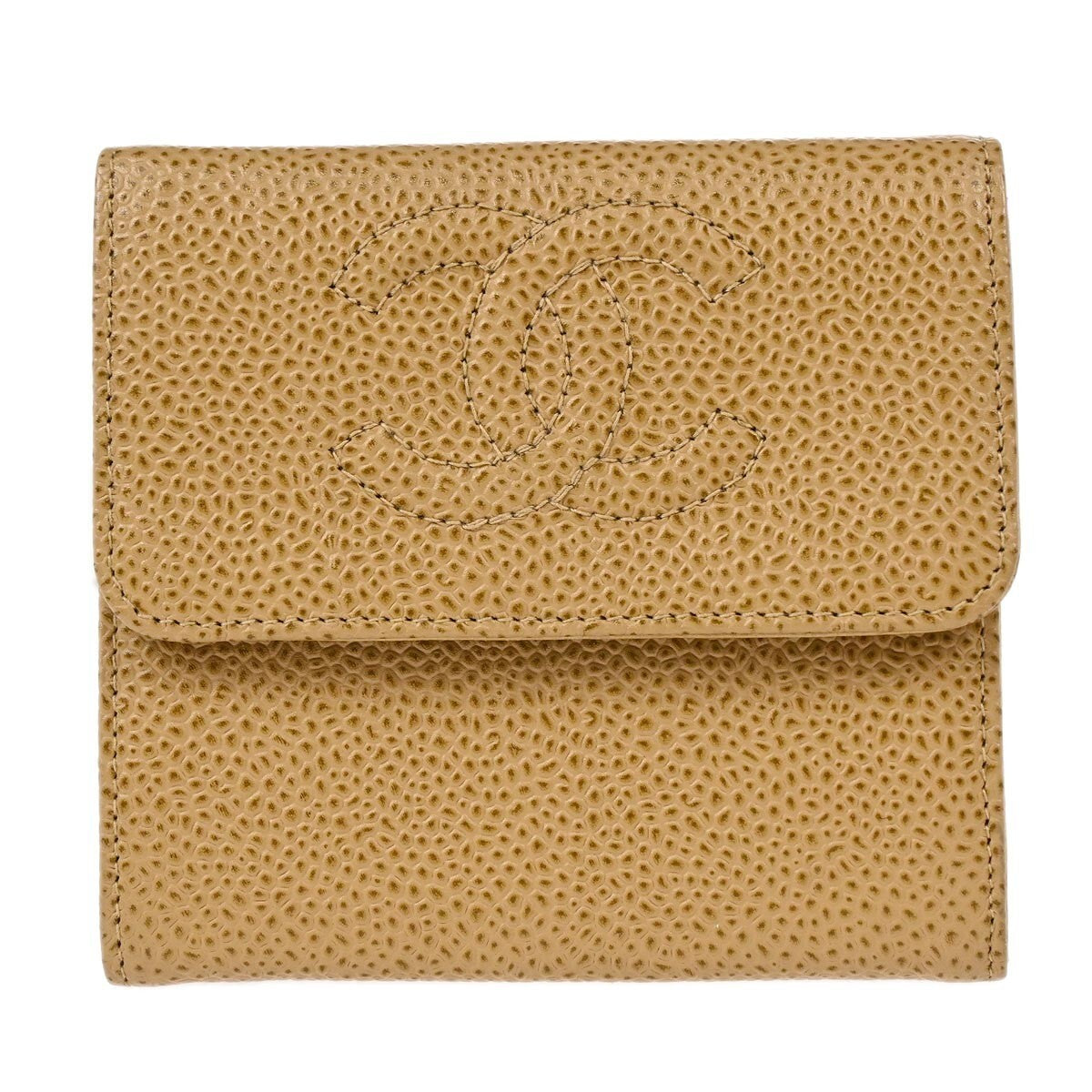 Chanel Vintage Timeless Cc Bifold Caviar Beige Leather Wallets Accessory (Pre-Owned)