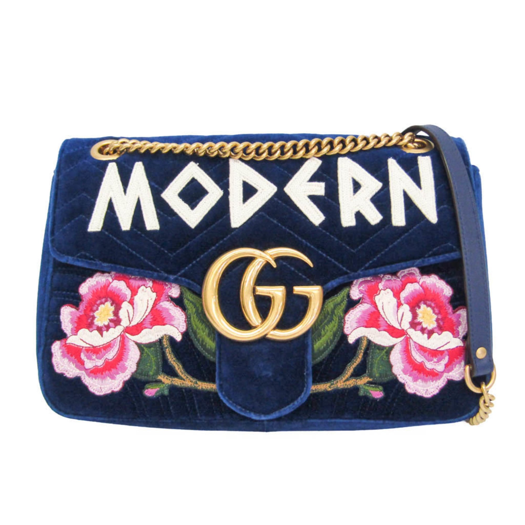 Gucci Gg Marmont Flap Embroidered Matelasse Velvet Blue Velvet Shoulder Bag Bag (Pre-Owned)