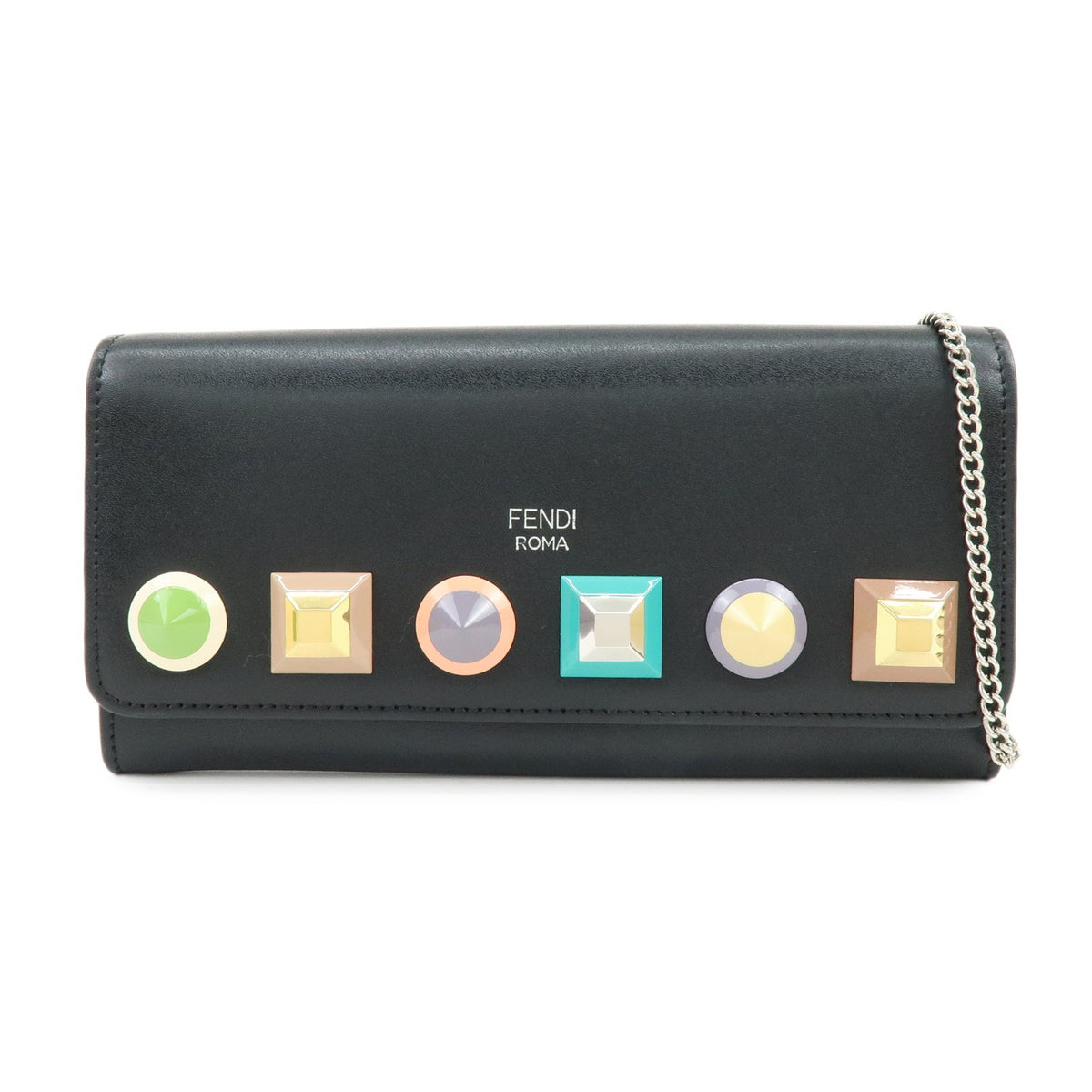 Fendi Continental Wallet On Chain Studded Leather Black Leather Crossbody Bag Bag (Pre-Owned)