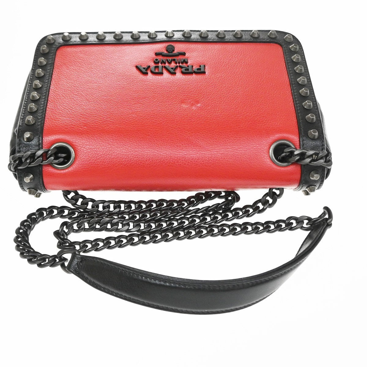 Prada Chain Flap Bag Studded Glace Calf Red Leather Shoulder Bag Bag (Pre-Owned)