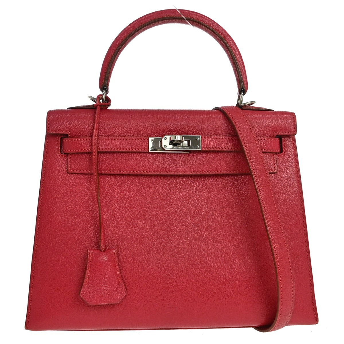 Hermes Kelly Red Chevre De Coromandel With Palladium Hardware Pink Calfskin Handbag (Pre-Owned)