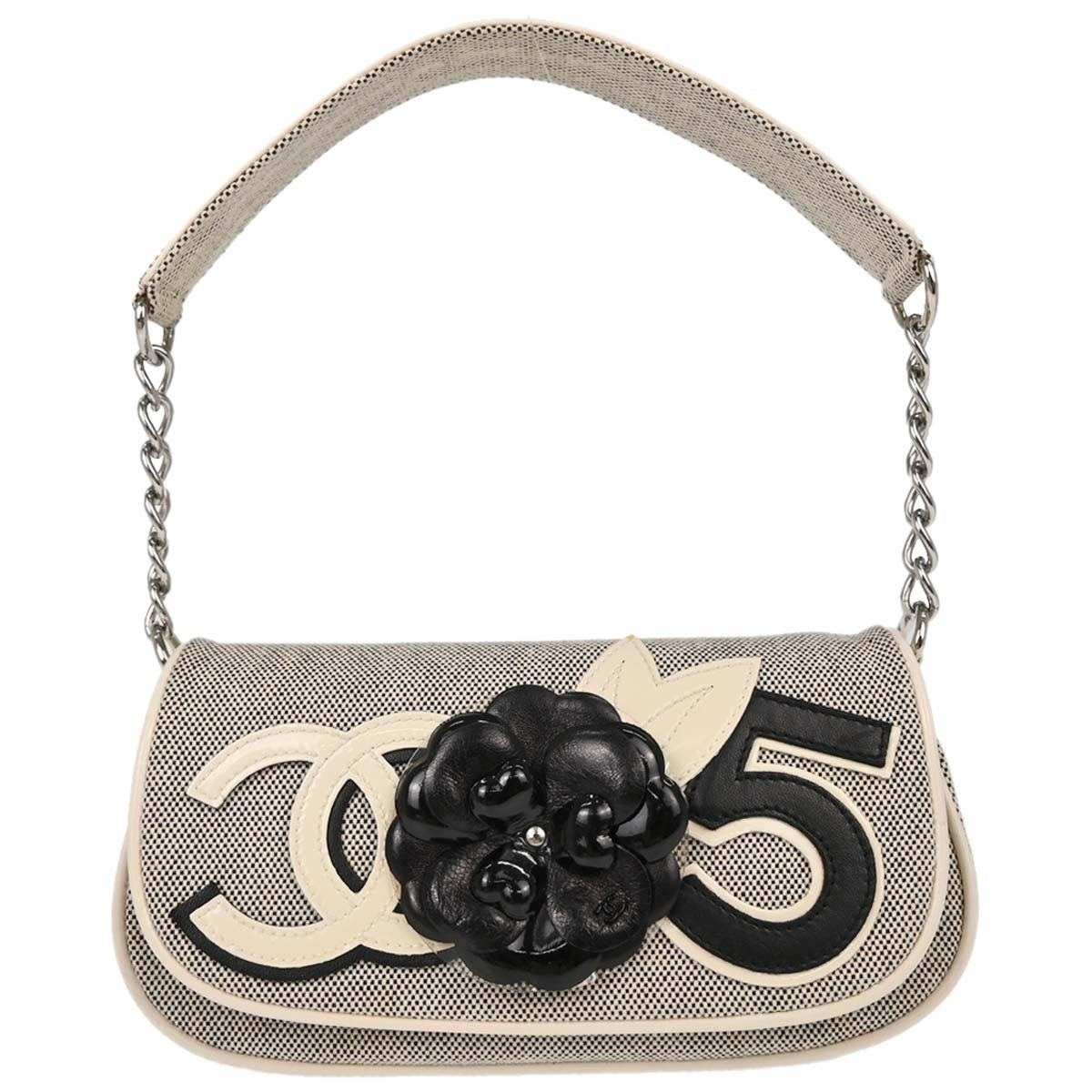 Chanel Camellia No.5 Flap Canvas Black Canvas Handbag (Pre-Owned)