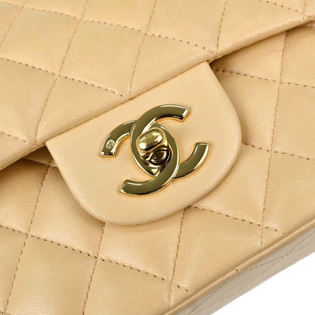 Chanel Classic Double Flap Quilted Lambskin Beige Leather Shoulder Bag Bag (Pre-Owned)