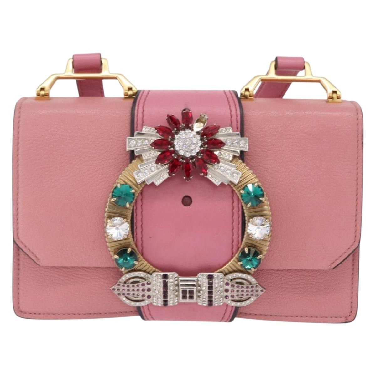 Miu Miu Madras Crystal Buckle Leather Pink Leather Shoulder Bag Bag (Pre-Owned)