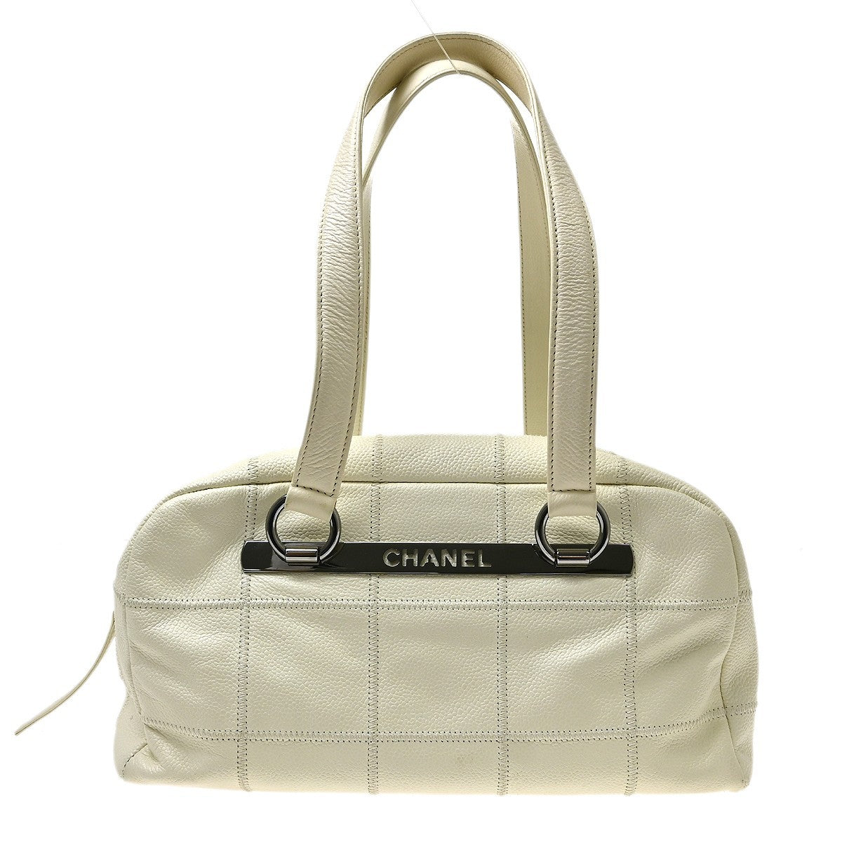 Chanel Square Stitch Bowler Quilted Caviar White Calfskin Shoulder Bag Bag (Pre-Owned)