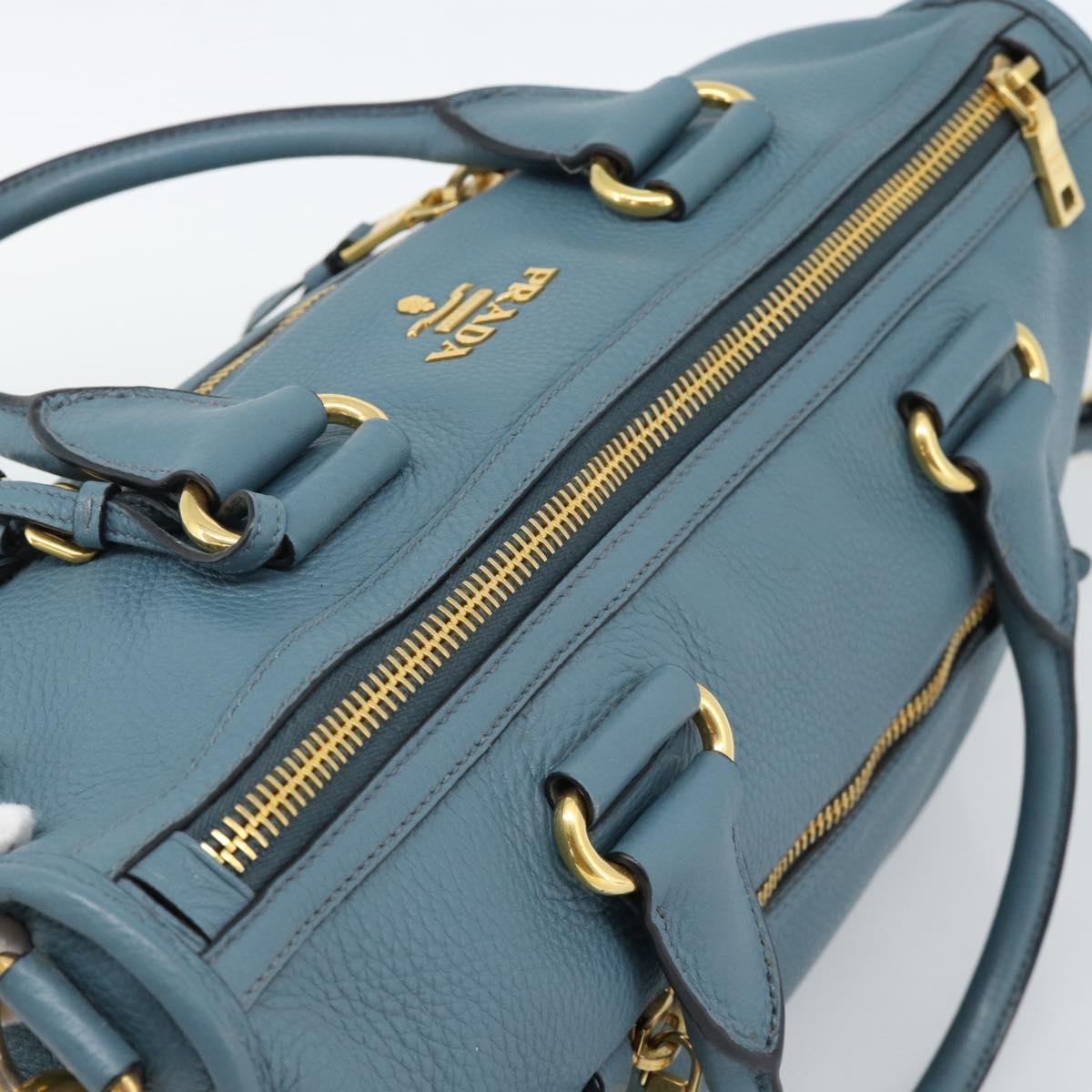 Prada Front Zip Convertible Satchel Vitello Phenix Blue Leather Handbag (Pre-Owned)