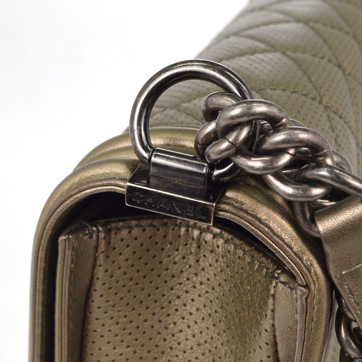 Chanel Boy Flap Quilted Perforated Lambskin Gold Leather Handbag (Pre-Owned)
