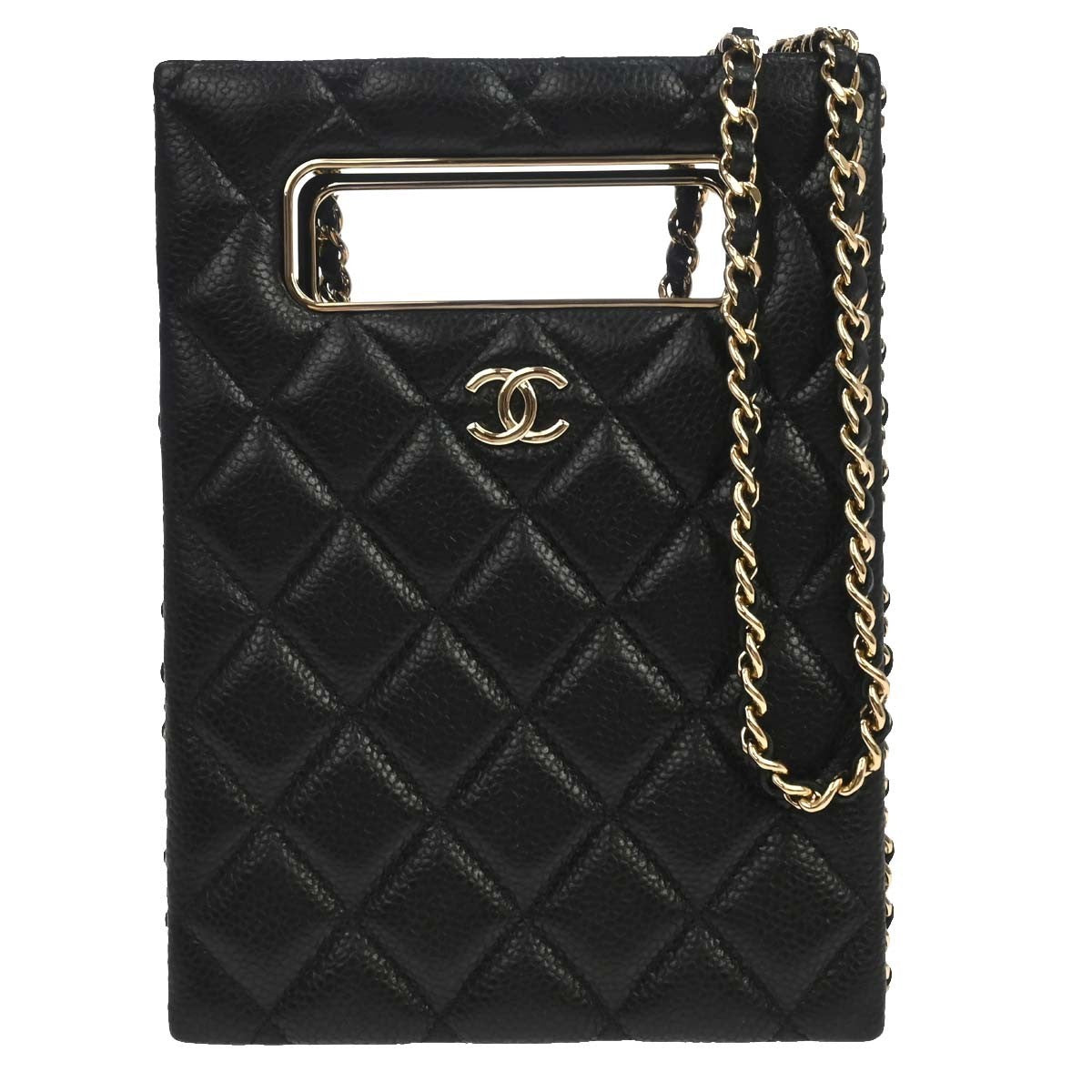 Chanel Chain Around Cut Out Handle Evening Tote Quilted Caviar Black Leather Shoulder Bag Bag (Pre-Owned)
